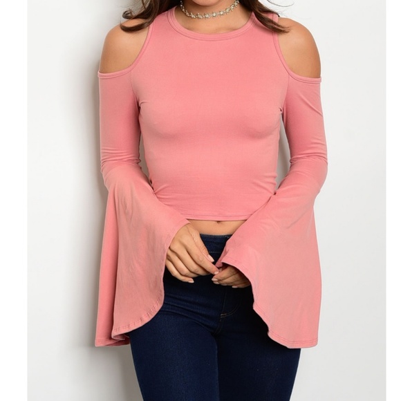 Fitted Bell Sleeve Cold Shoulder Cropped Top - Picture 2 of 4